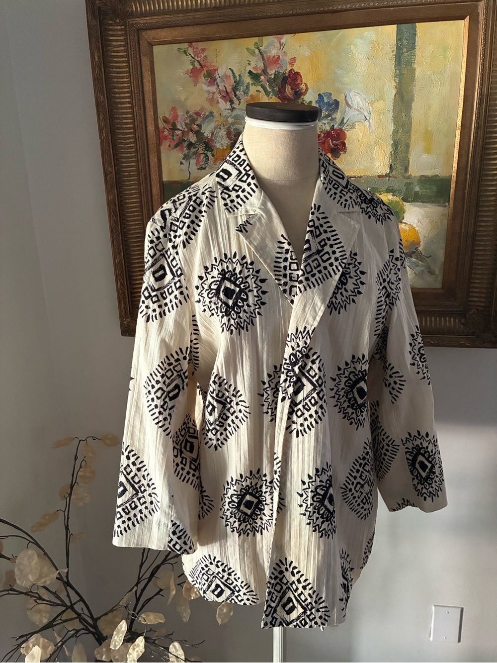 Coldwater Creek Linen Cotton Geometric Blazer Size 16